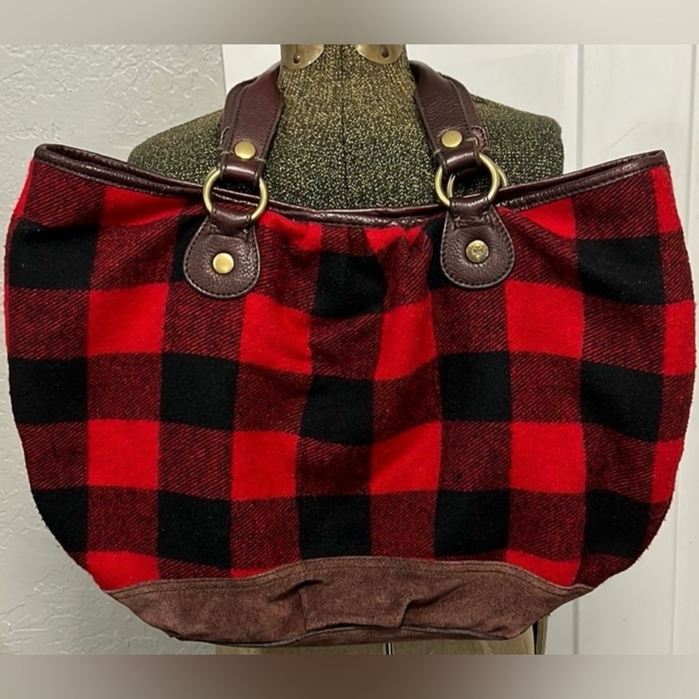 LUCKY BRAND BUFFALO PLAID RED BLACK WOOL COTTON LEATHER LARGE TOTE SHOULDER BAG